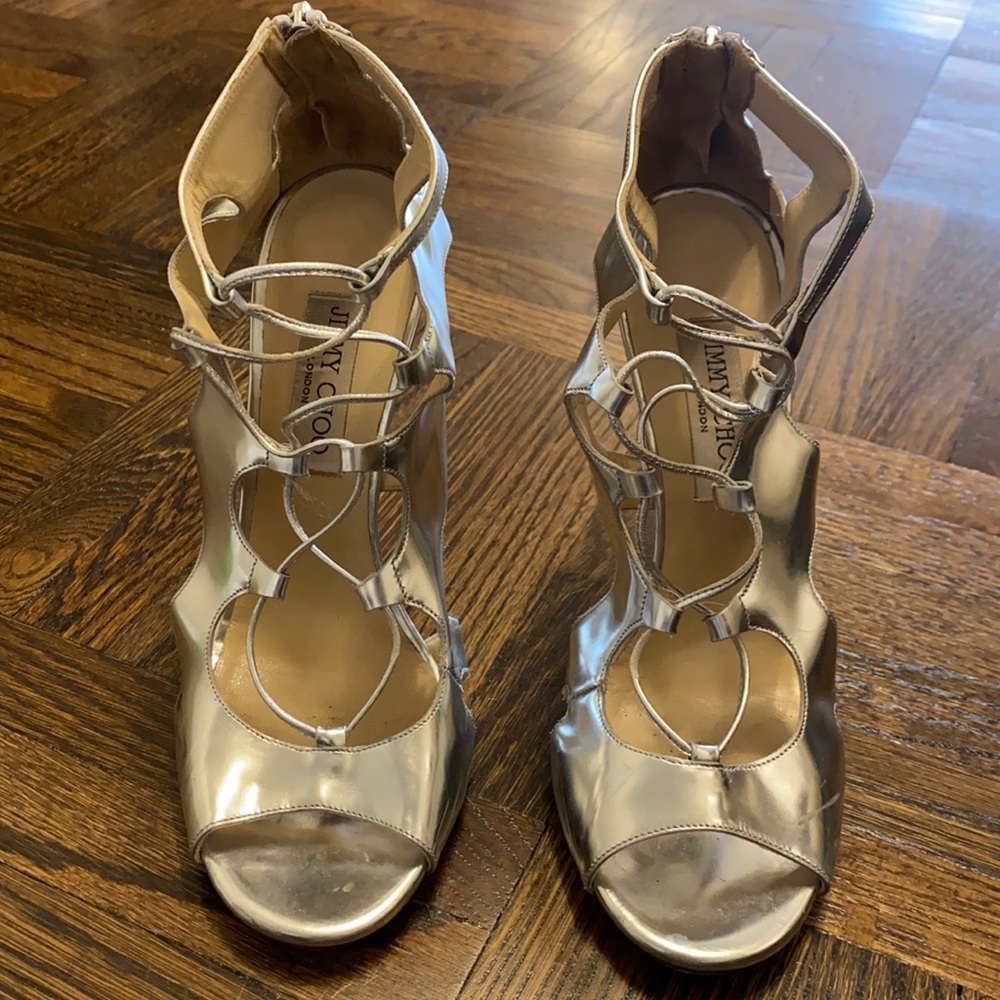 Jimmy Choo silver metallic lace up heels size 39